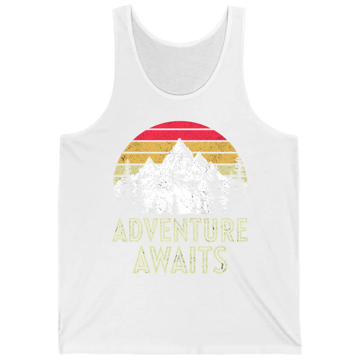 Retro adventure awaits design with snow-capped mountains, pine forest silhouettes, and vintage sunset stripes in distressed style. in White