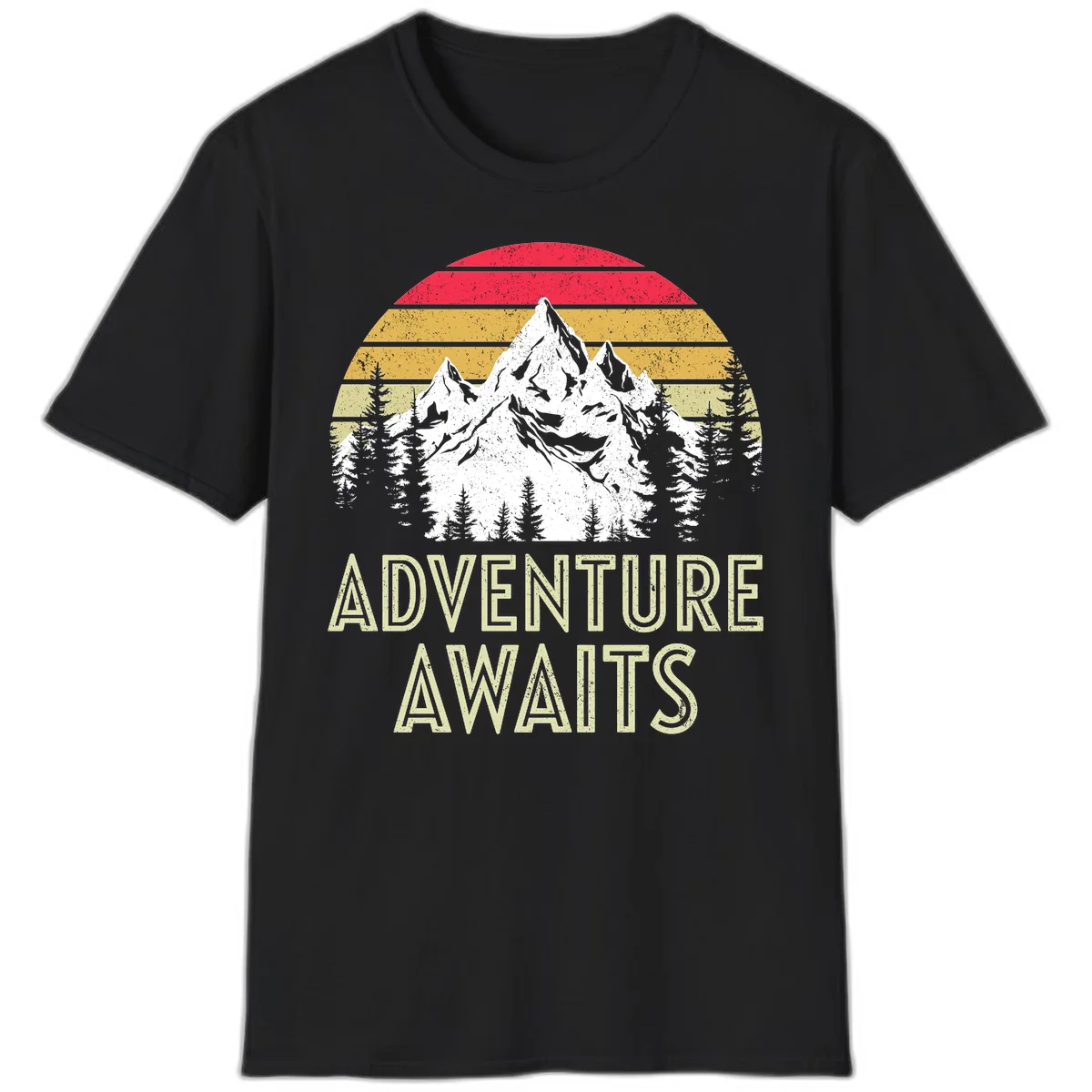 Retro adventure awaits design with snow-capped mountains, pine forest silhouettes, and vintage sunset stripes in distressed style. in Black