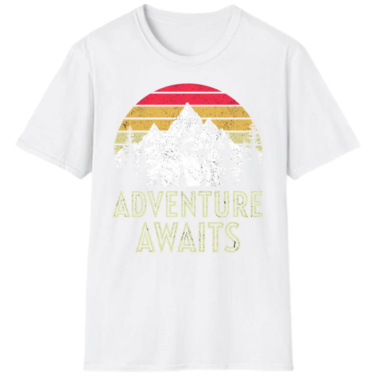 Retro adventure awaits design with snow-capped mountains, pine forest silhouettes, and vintage sunset stripes in distressed style. in White