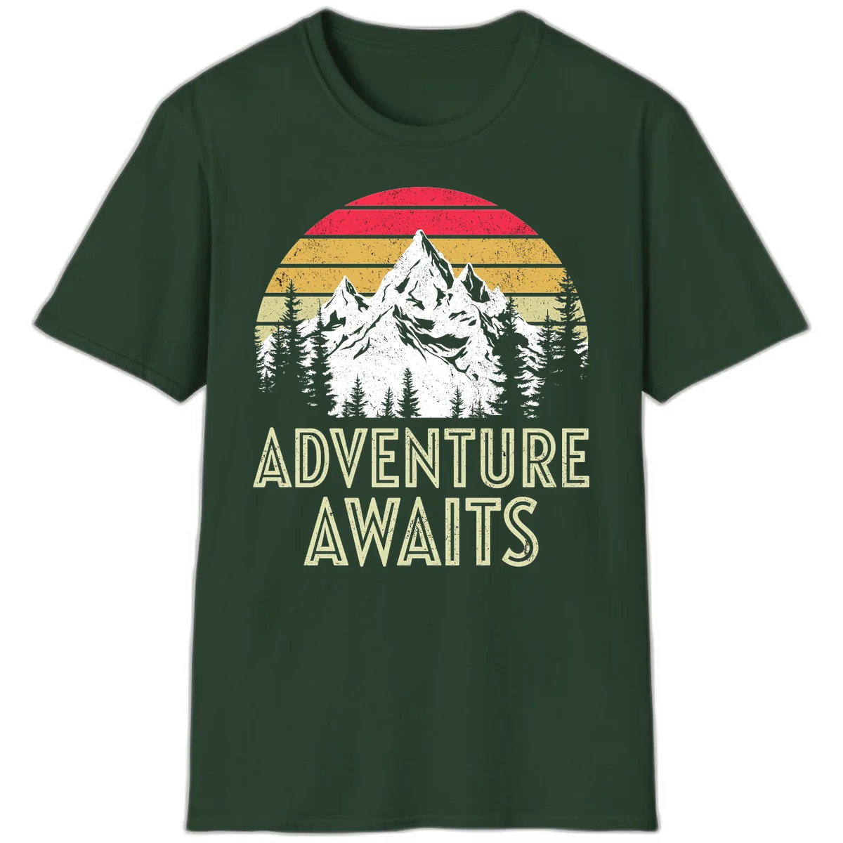 Retro adventure awaits design with snow-capped mountains, pine forest silhouettes, and vintage sunset stripes in distressed style. in Forest Green