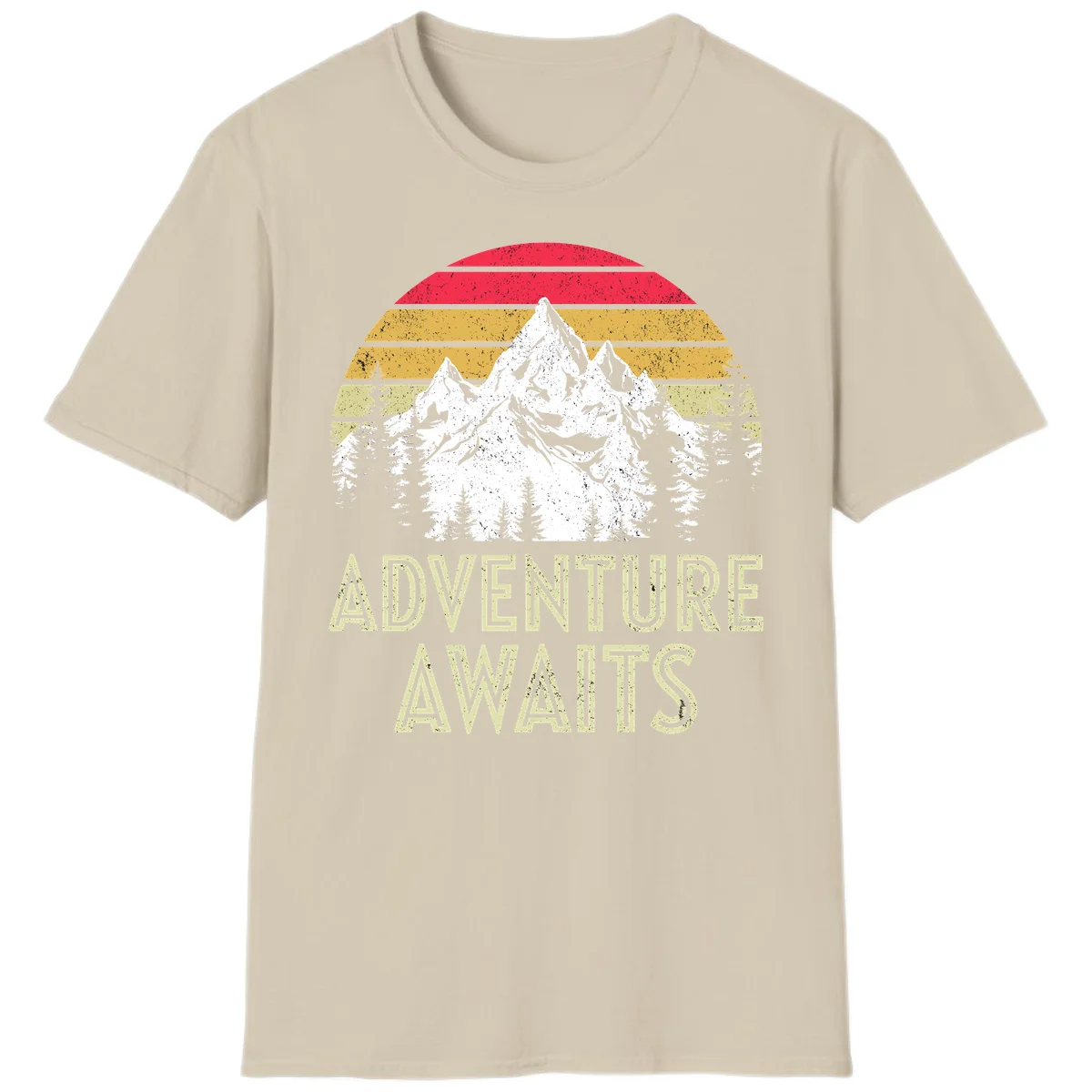 Retro adventure awaits design with snow-capped mountains, pine forest silhouettes, and vintage sunset stripes in distressed style. in Sand