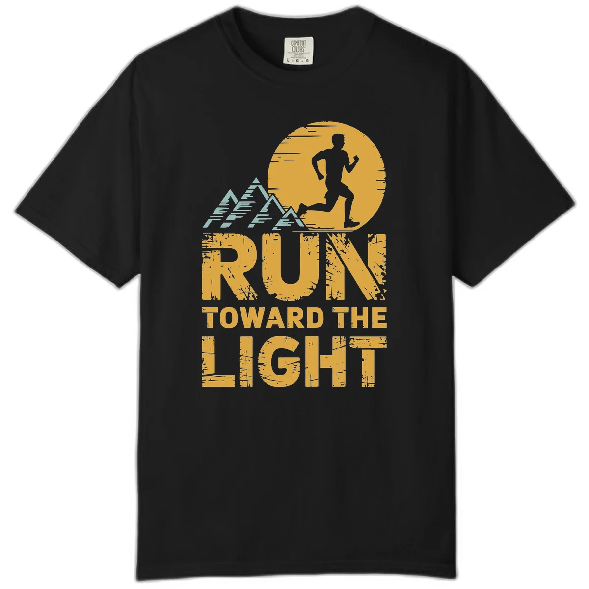Vintage-style illustration of a runner silhouette against a glowing light with mountain peaks, text reads 'Run Toward The Light' in Black