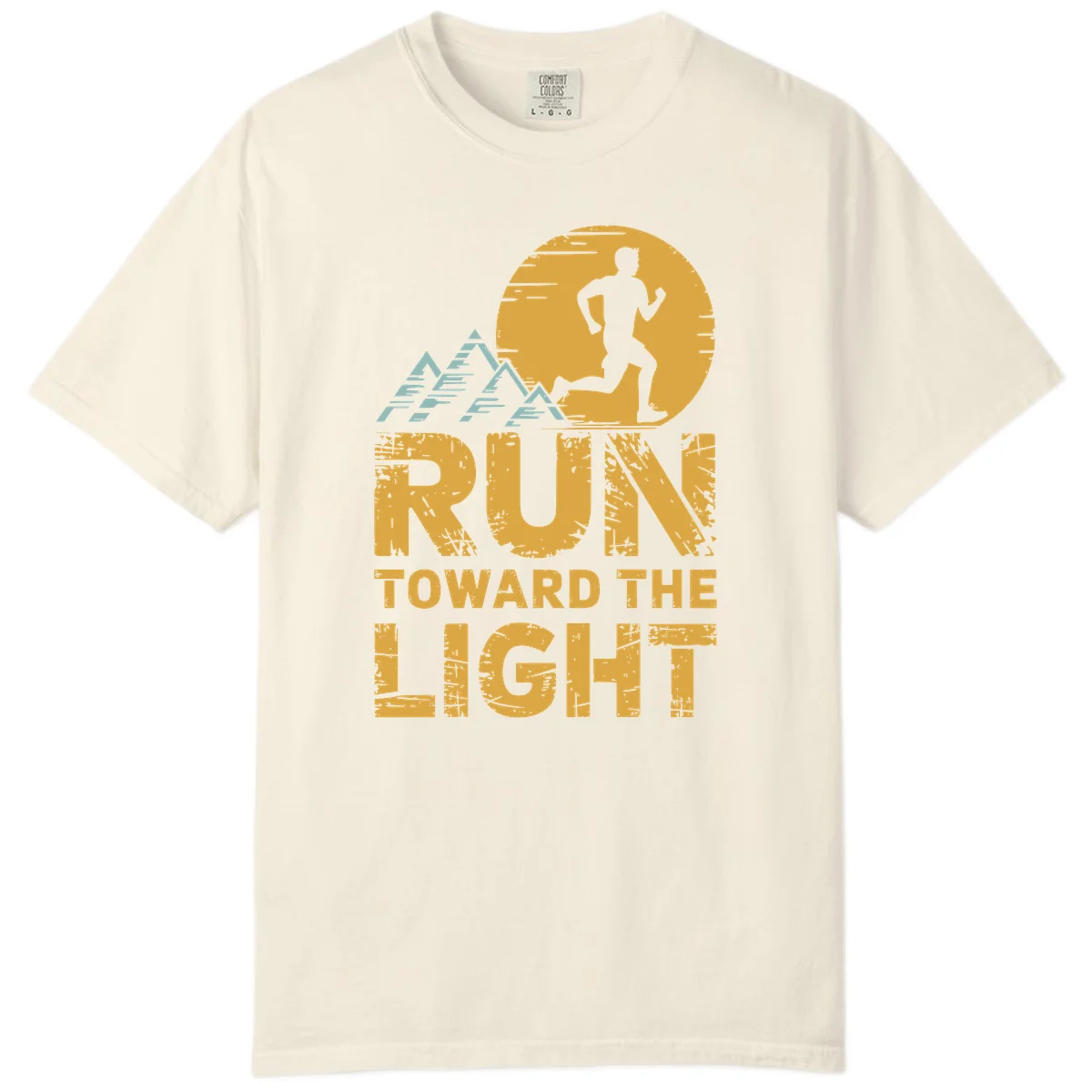 Vintage-style illustration of a runner silhouette against a glowing light with mountain peaks, text reads 'Run Toward The Light' in Ivory