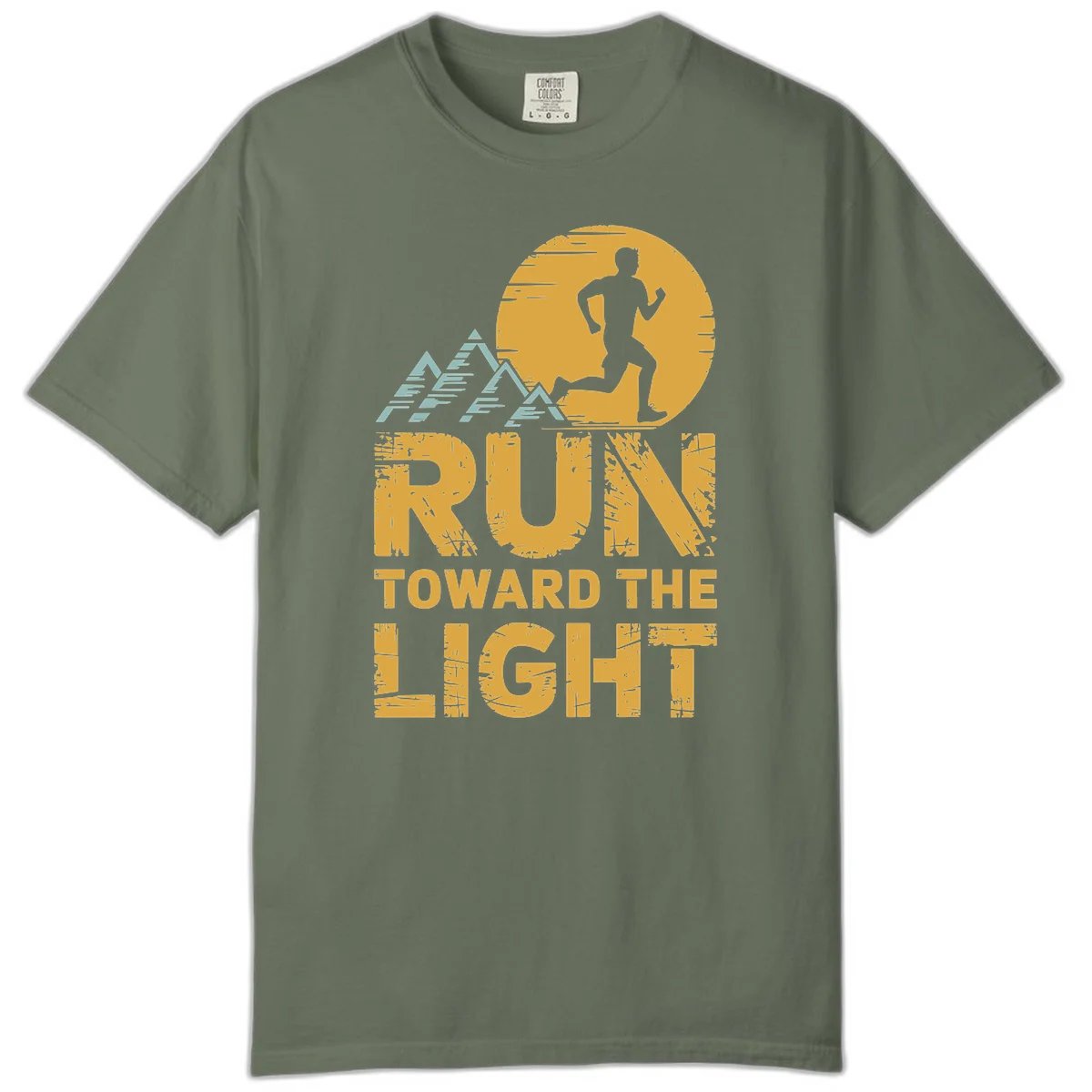 Vintage-style illustration of a runner silhouette against a glowing light with mountain peaks, text reads 'Run Toward The Light' in Moss