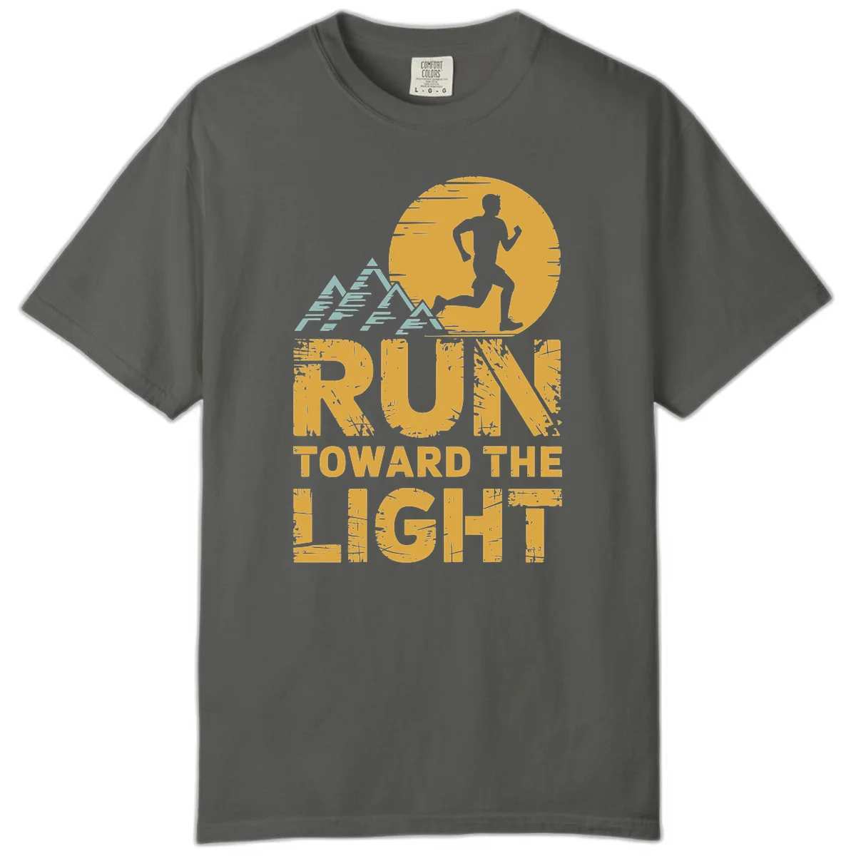 Vintage-style illustration of a runner silhouette against a glowing light with mountain peaks, text reads 'Run Toward The Light' in Pepper