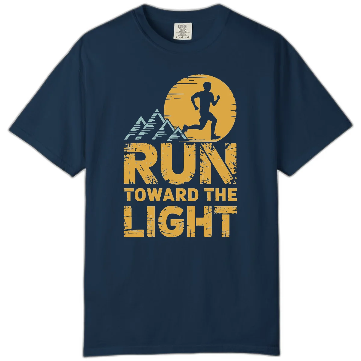 Vintage-style illustration of a runner silhouette against a glowing light with mountain peaks, text reads 'Run Toward The Light' in True Navy