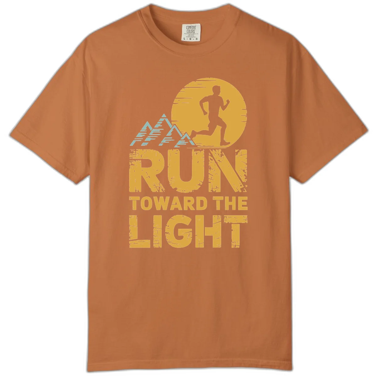 Vintage-style illustration of a runner silhouette against a glowing light with mountain peaks, text reads 'Run Toward The Light' in Yam