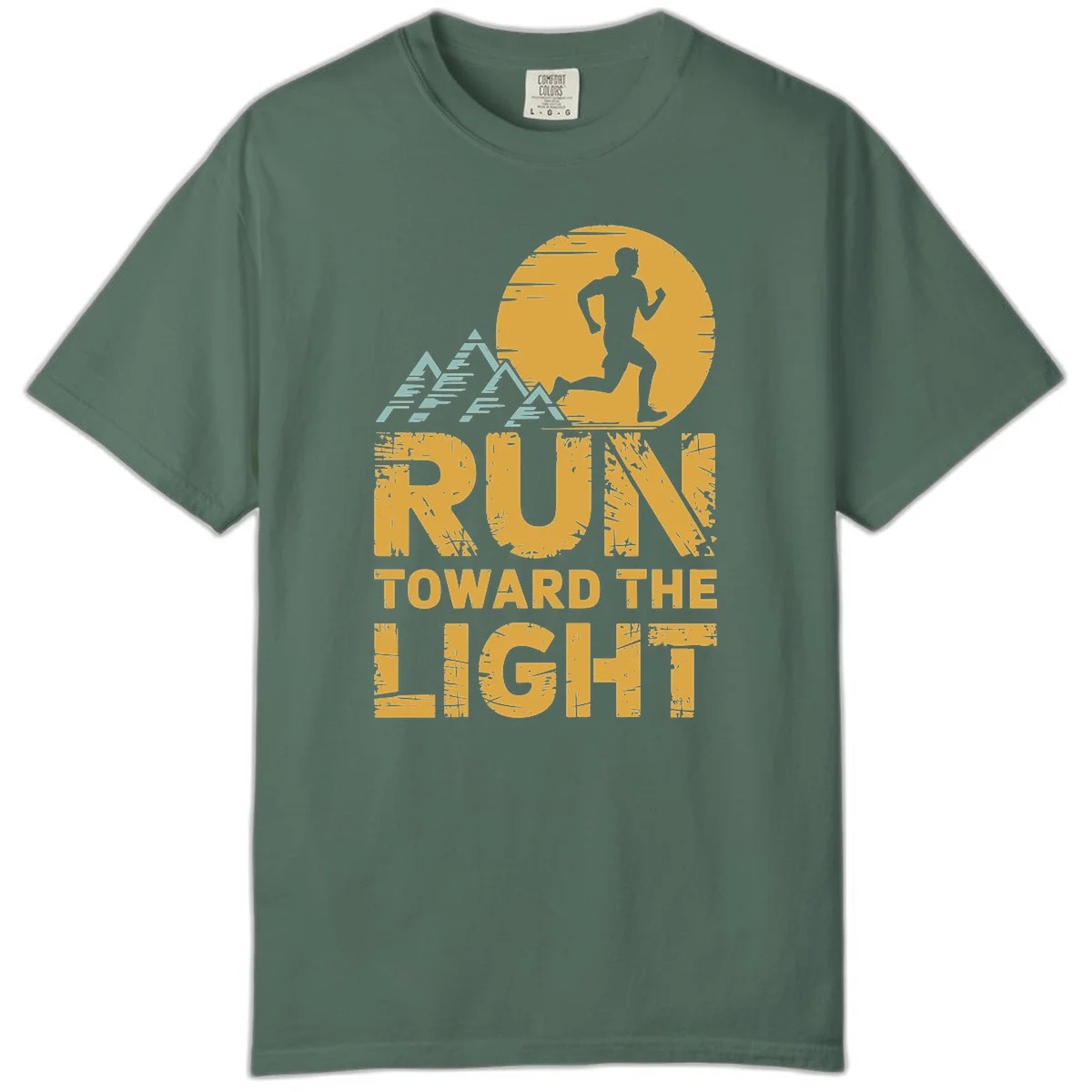 Vintage-style illustration of a runner silhouette against a glowing light with mountain peaks, text reads 'Run Toward The Light' in Blue Spruce