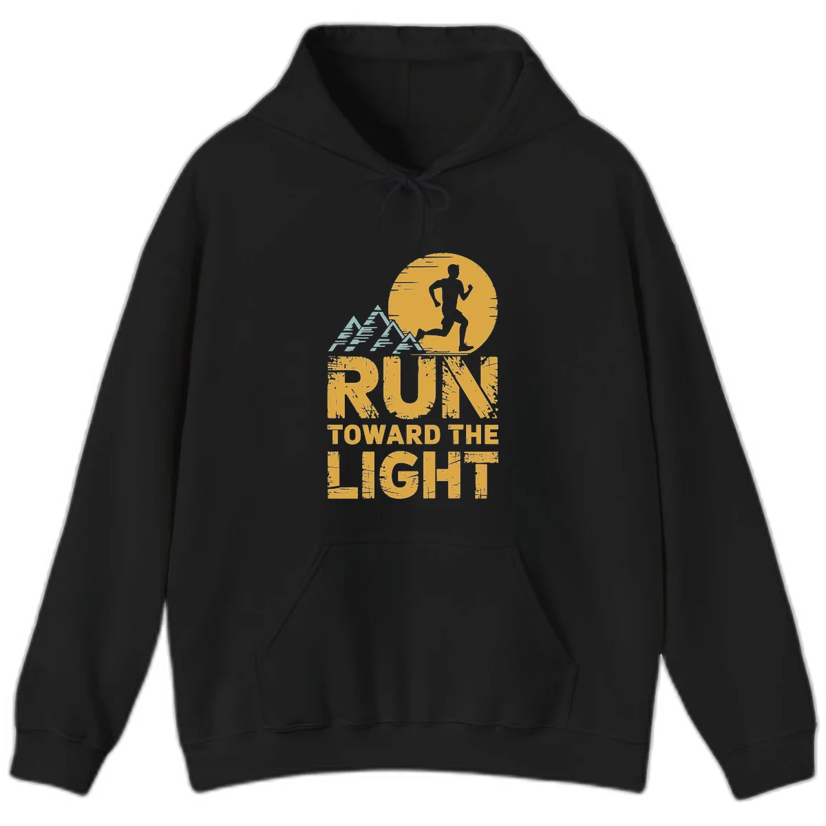 Vintage-style illustration of a runner silhouette against a glowing light with mountain peaks, text reads 'Run Toward The Light' in Black
