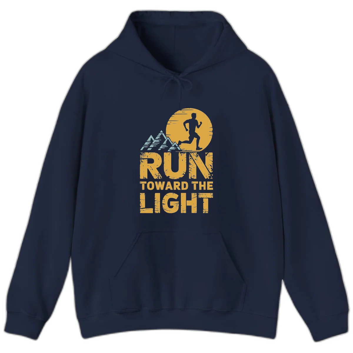 Vintage-style illustration of a runner silhouette against a glowing light with mountain peaks, text reads 'Run Toward The Light' in Navy