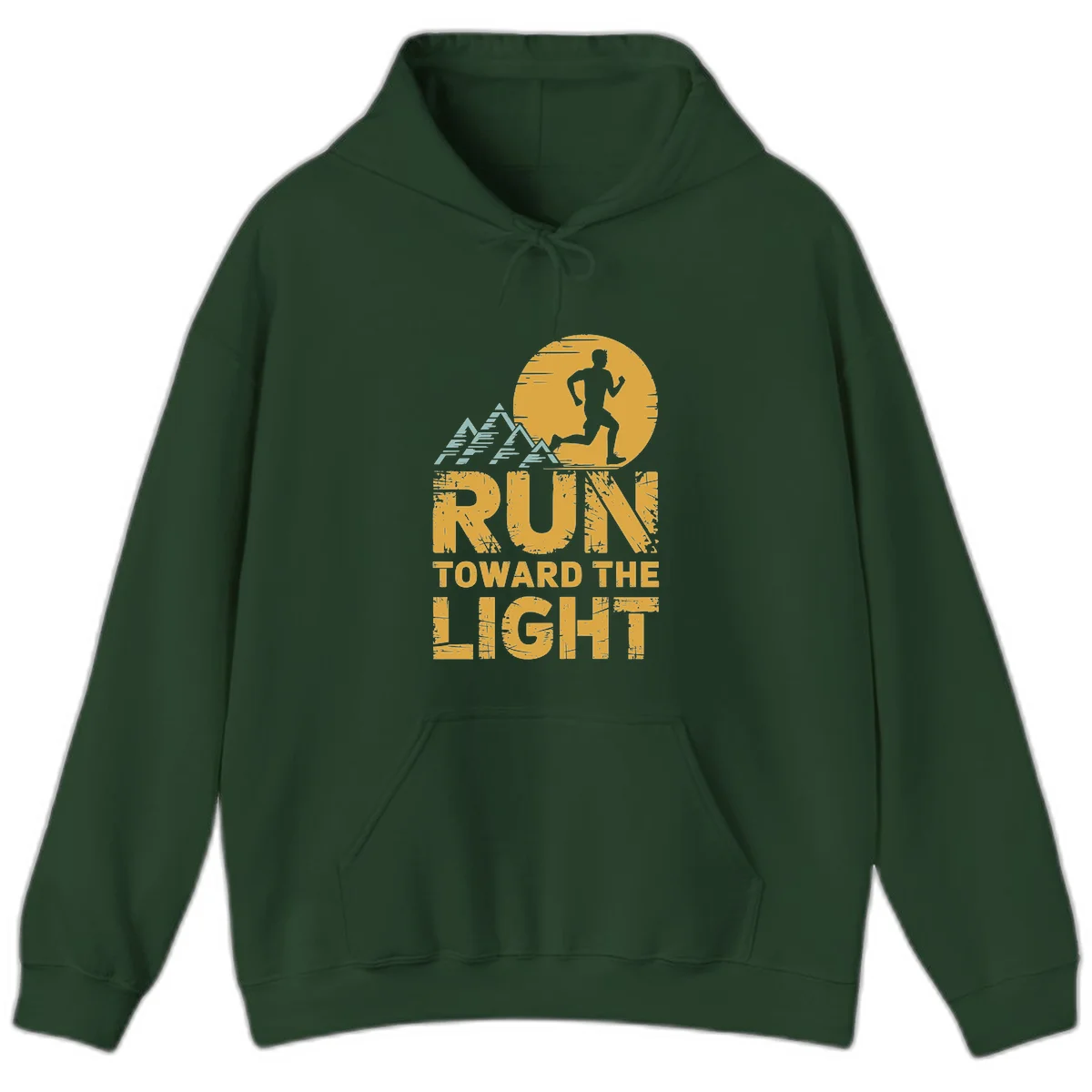 Vintage-style illustration of a runner silhouette against a glowing light with mountain peaks, text reads 'Run Toward The Light' in Forest Green