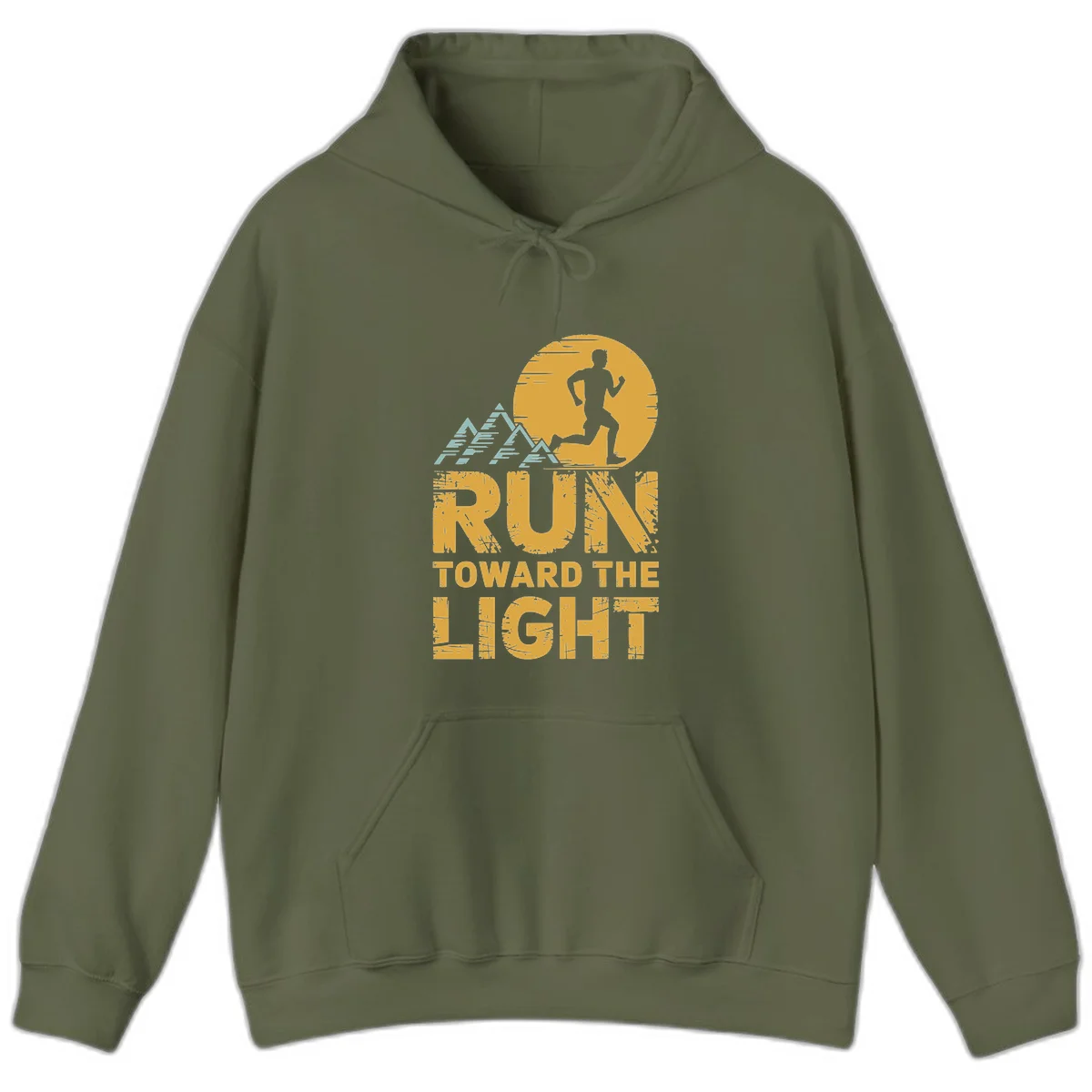 Vintage-style illustration of a runner silhouette against a glowing light with mountain peaks, text reads 'Run Toward The Light' in Military Green