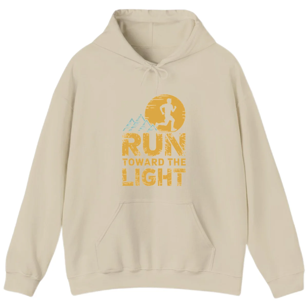 Vintage-style illustration of a runner silhouette against a glowing light with mountain peaks, text reads 'Run Toward The Light' in Sand