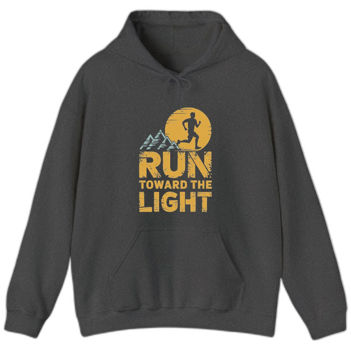 Vintage-style illustration of a runner silhouette against a glowing light with mountain peaks, text reads 'Run Toward The Light' in Dark Heather