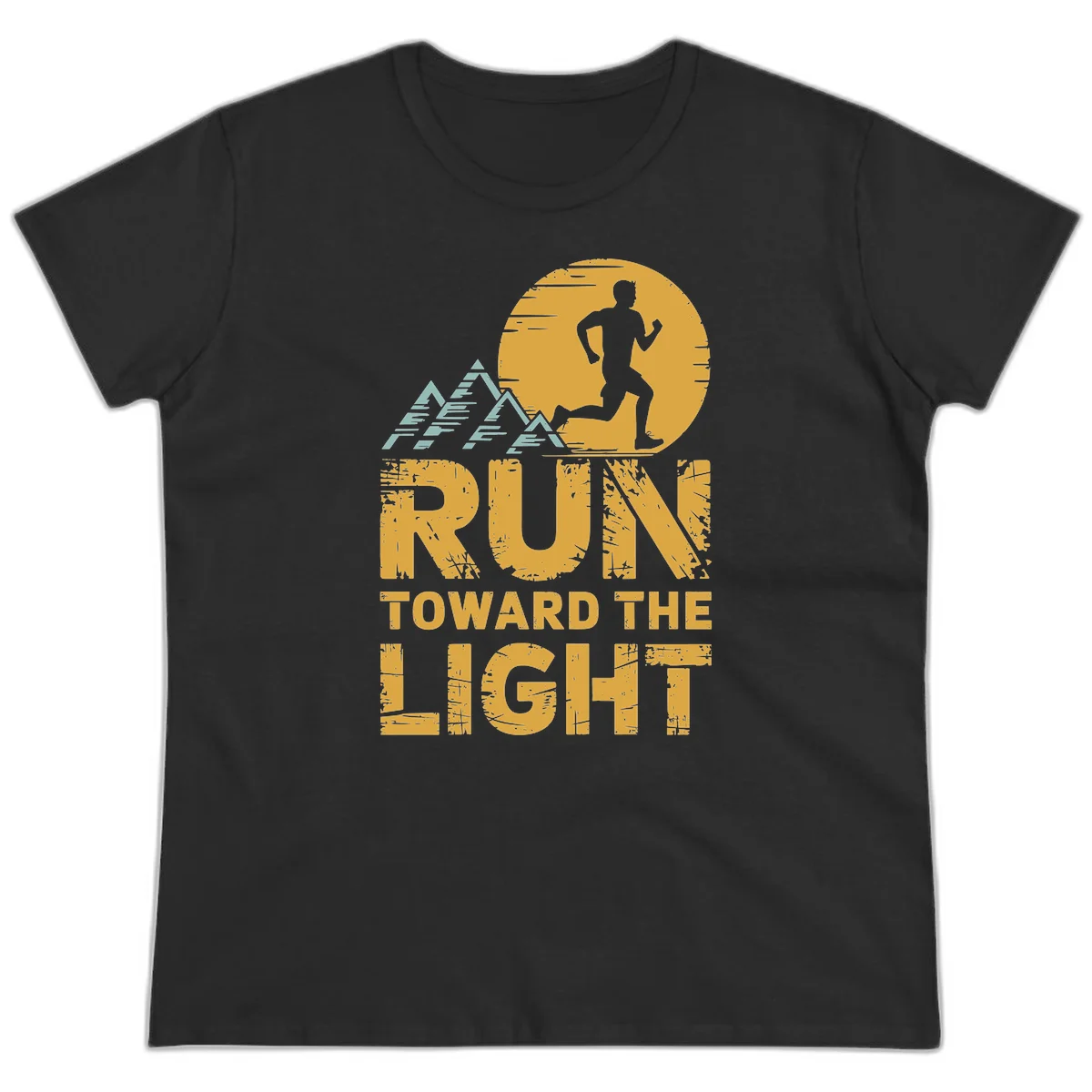Vintage-style illustration of a runner silhouette against a glowing light with mountain peaks, text reads 'Run Toward The Light' in Black
