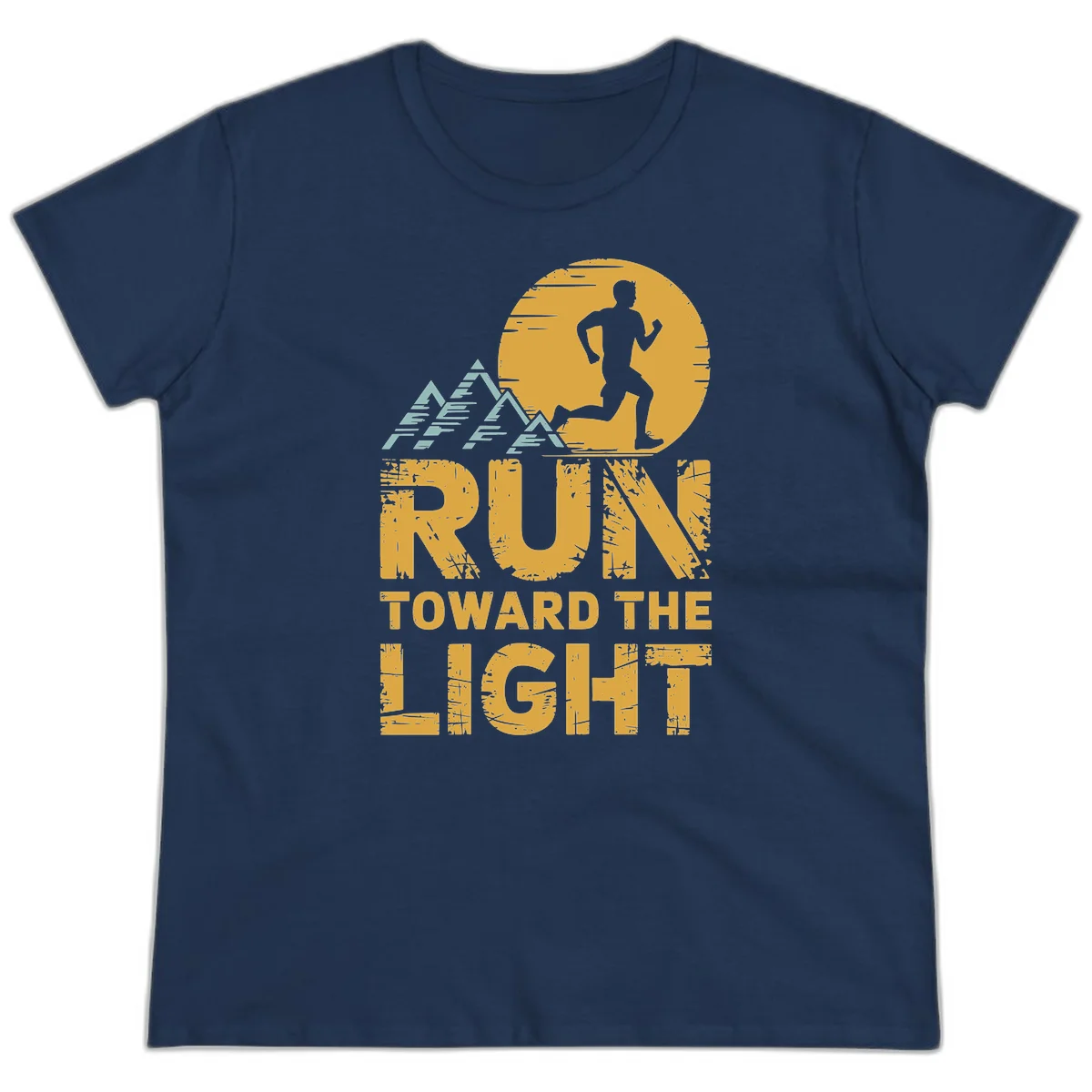 Vintage-style illustration of a runner silhouette against a glowing light with mountain peaks, text reads 'Run Toward The Light' in Navy