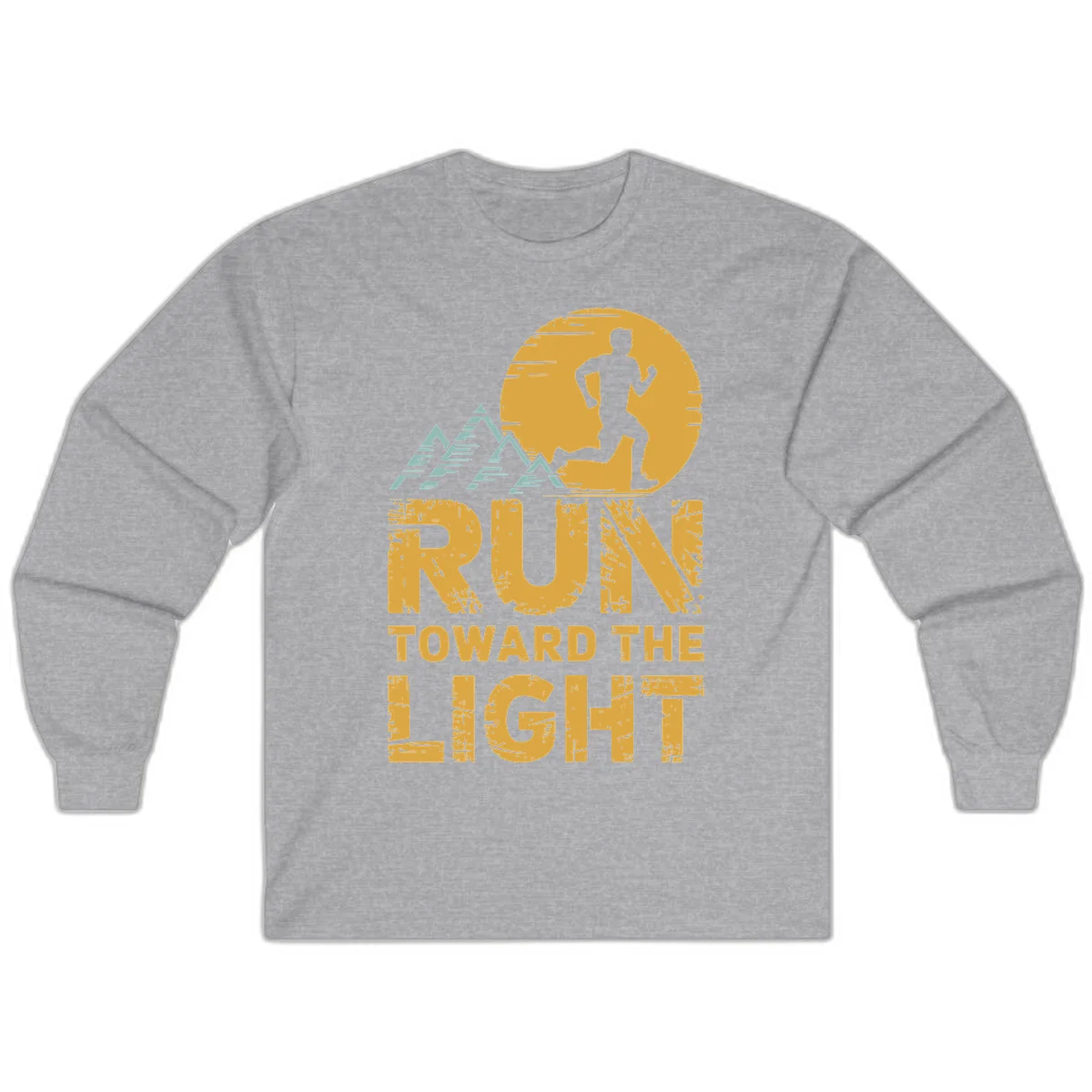 Vintage-style illustration of a runner silhouette against a glowing light with mountain peaks, text reads 'Run Toward The Light' in Sport Grey