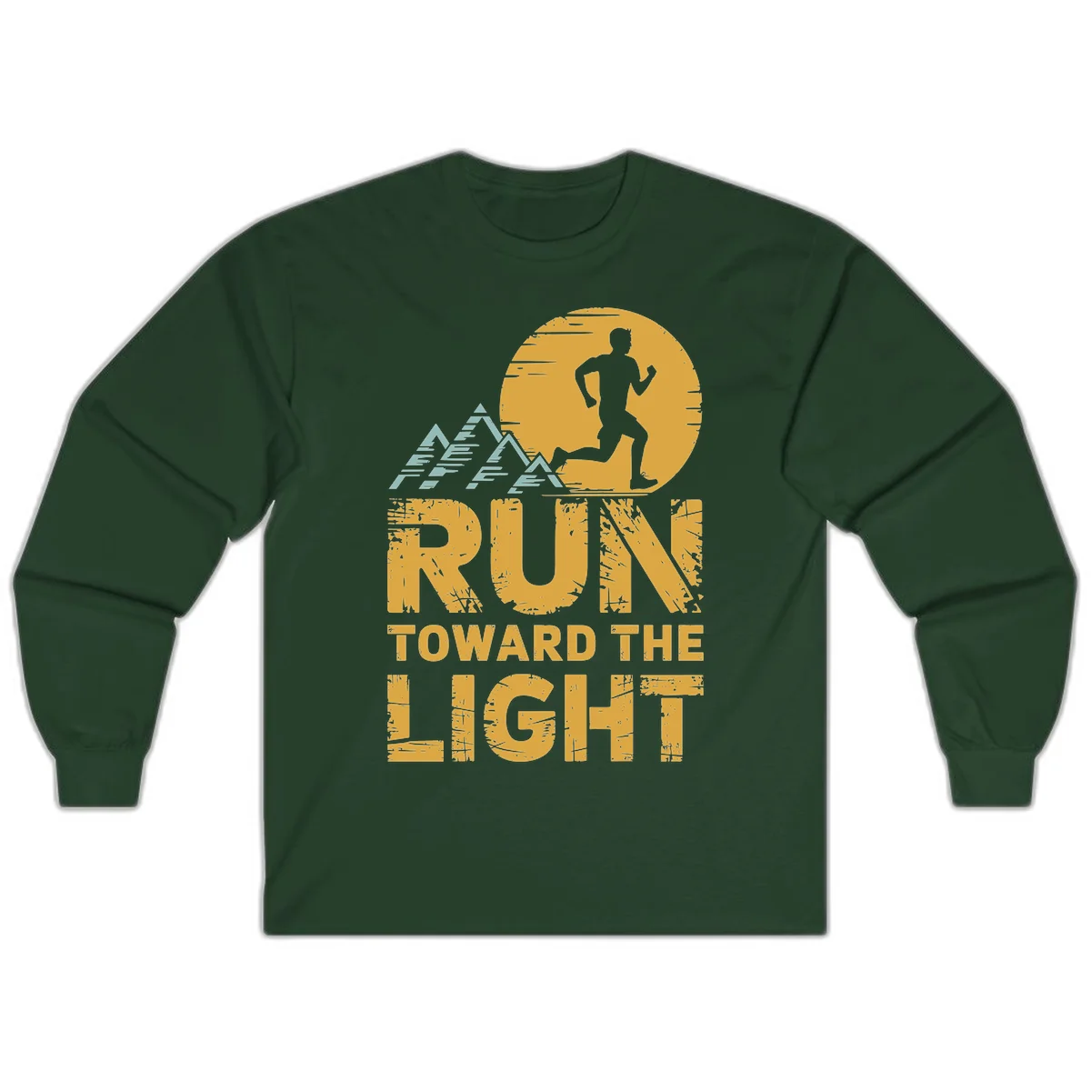 Vintage-style illustration of a runner silhouette against a glowing light with mountain peaks, text reads 'Run Toward The Light' in Forest Green
