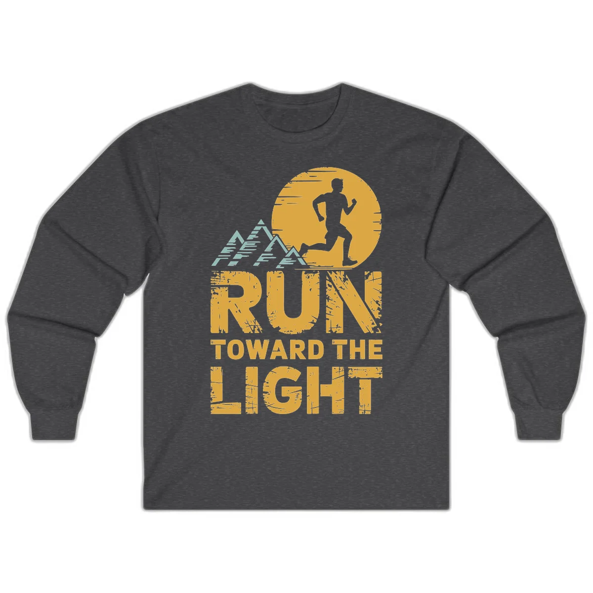 Vintage-style illustration of a runner silhouette against a glowing light with mountain peaks, text reads 'Run Toward The Light' in Dark Heather