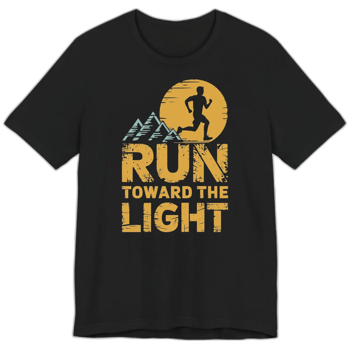 Vintage-style illustration of a runner silhouette against a glowing light with mountain peaks, text reads 'Run Toward The Light' in Black