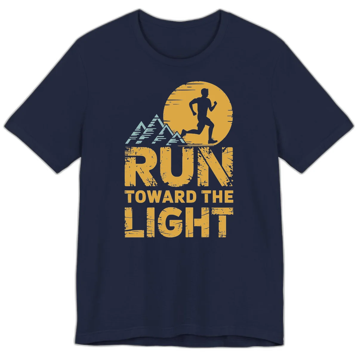 Vintage-style illustration of a runner silhouette against a glowing light with mountain peaks, text reads 'Run Toward The Light' in Navy