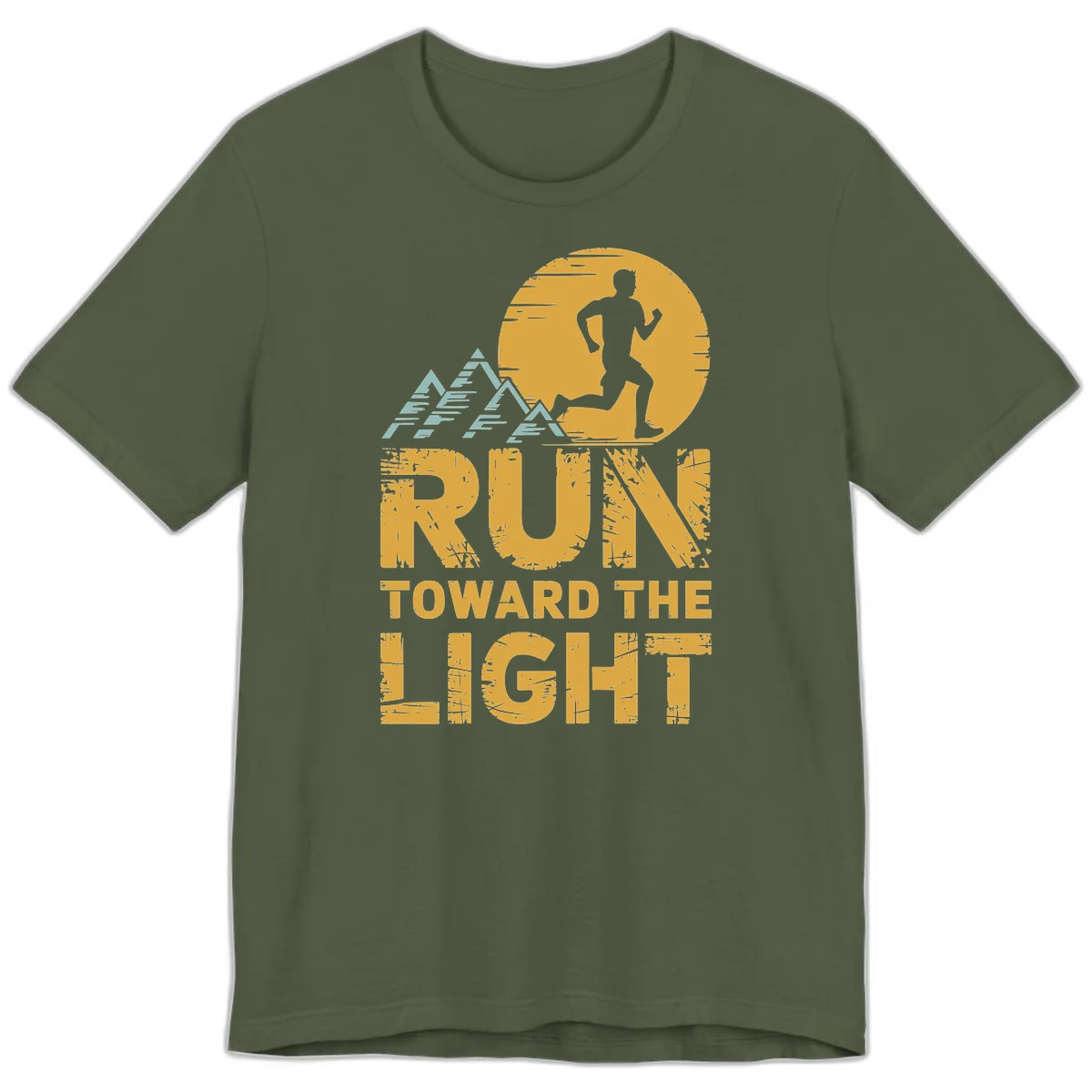 Vintage-style illustration of a runner silhouette against a glowing light with mountain peaks, text reads 'Run Toward The Light' in Military Green
