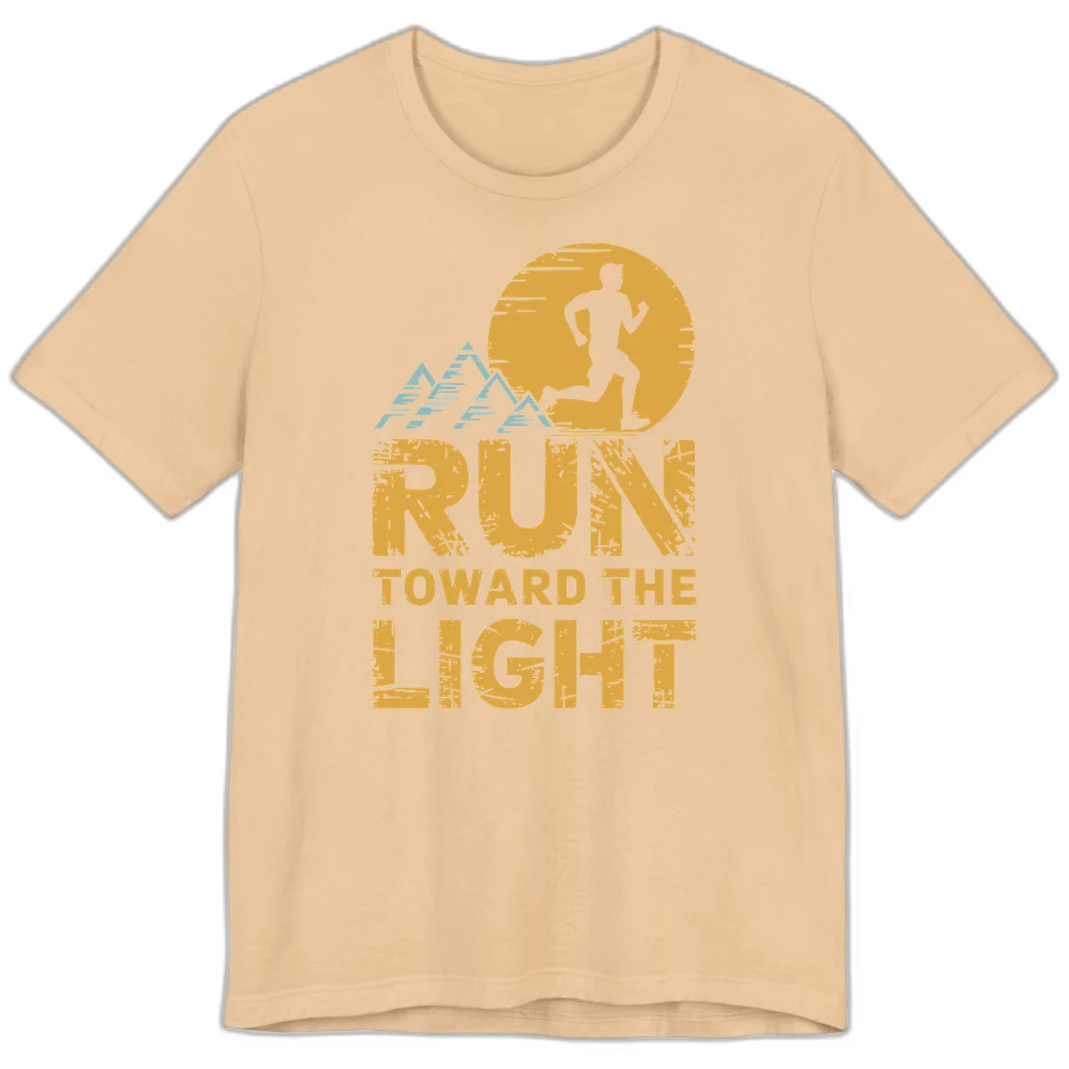 Vintage-style illustration of a runner silhouette against a glowing light with mountain peaks, text reads 'Run Toward The Light' in Sand Dune