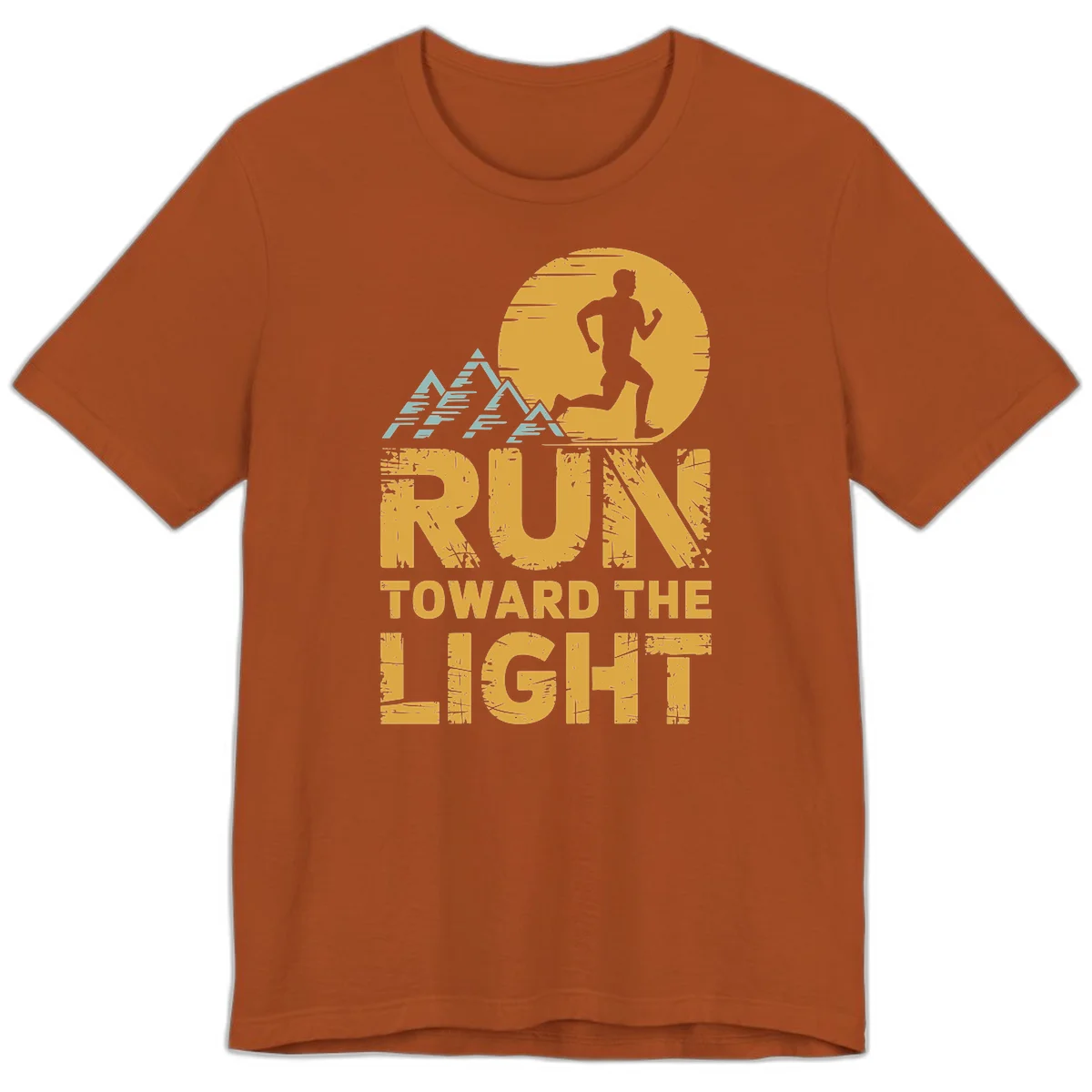 Vintage-style illustration of a runner silhouette against a glowing light with mountain peaks, text reads 'Run Toward The Light' in Autumn