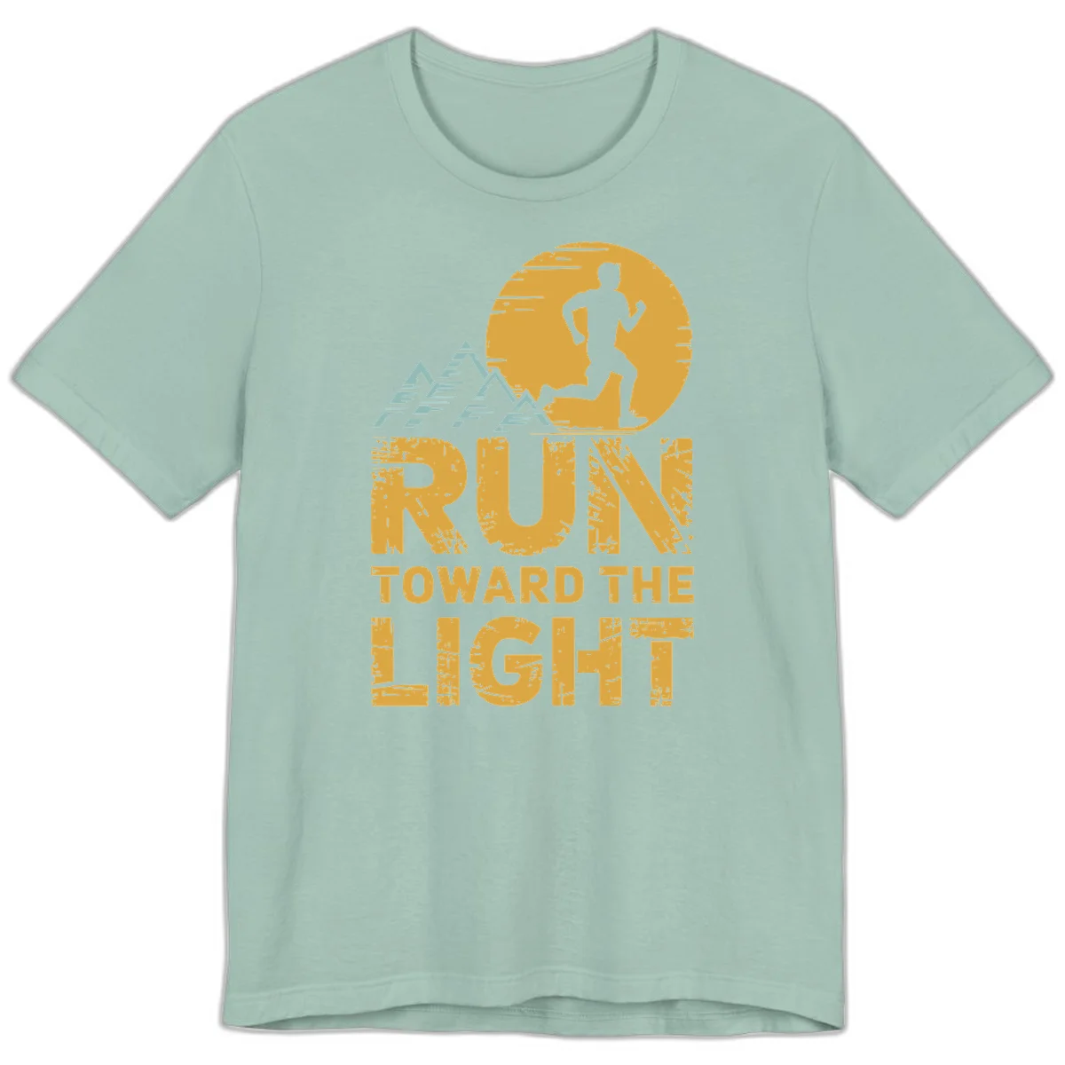 Vintage-style illustration of a runner silhouette against a glowing light with mountain peaks, text reads 'Run Toward The Light' in Dusty Blue