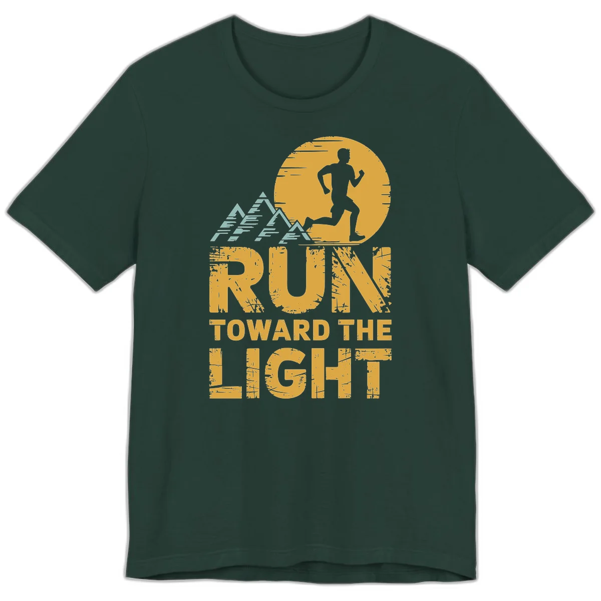 Vintage-style illustration of a runner silhouette against a glowing light with mountain peaks, text reads 'Run Toward The Light' in Forest
