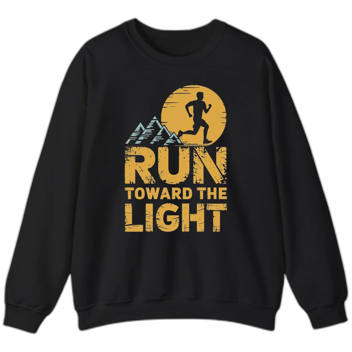 Vintage-style illustration of a runner silhouette against a glowing light with mountain peaks, text reads 'Run Toward The Light' in Black