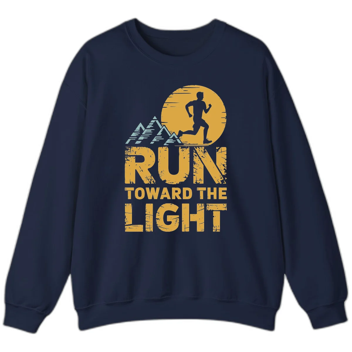 Vintage-style illustration of a runner silhouette against a glowing light with mountain peaks, text reads 'Run Toward The Light' in Navy