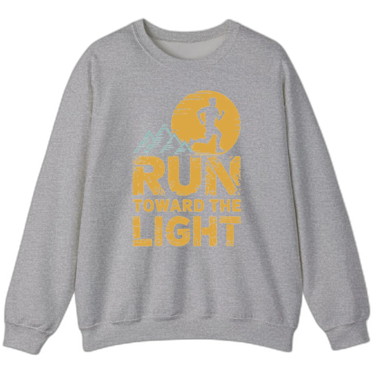 Vintage-style illustration of a runner silhouette against a glowing light with mountain peaks, text reads 'Run Toward The Light' in Sport Grey