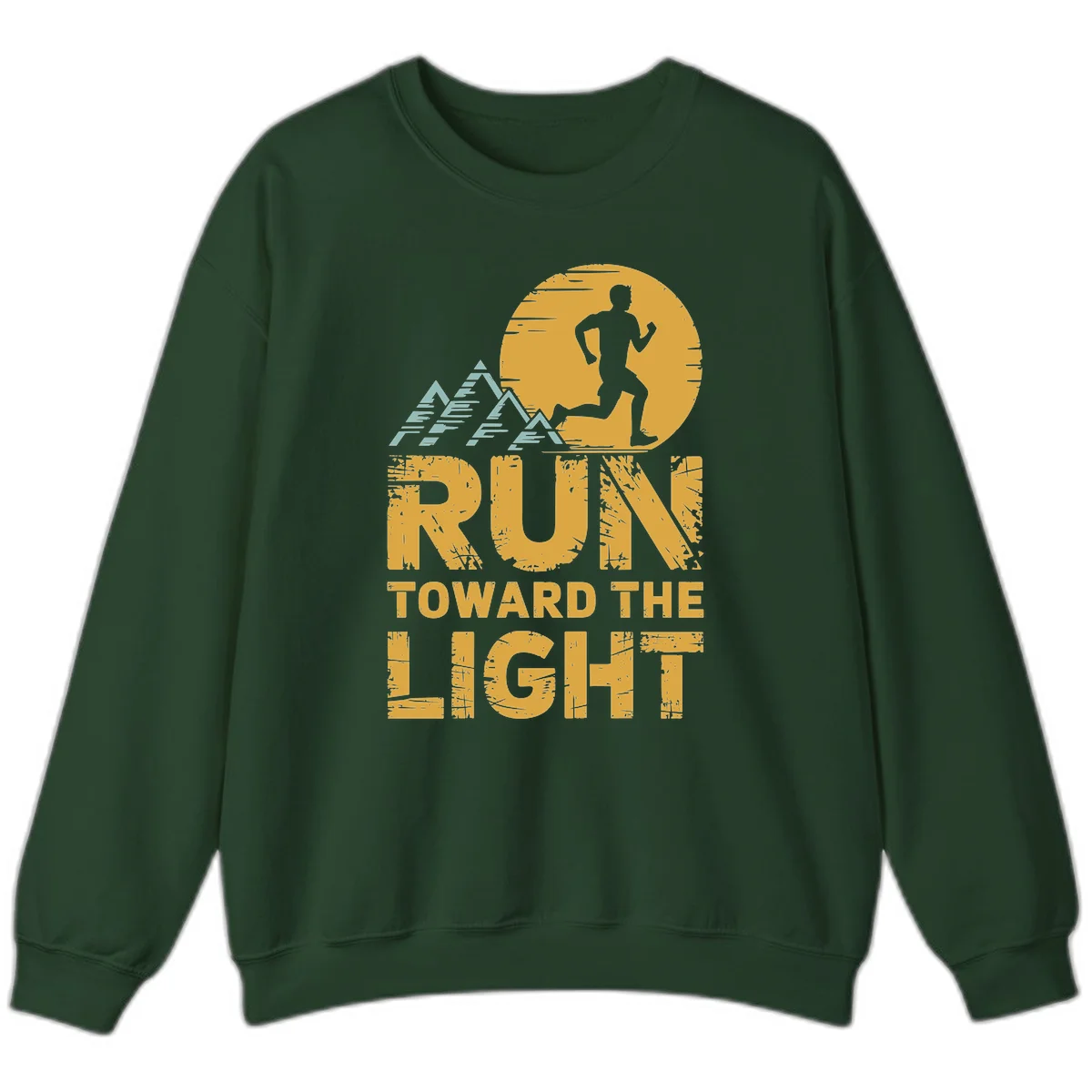 Vintage-style illustration of a runner silhouette against a glowing light with mountain peaks, text reads 'Run Toward The Light' in Forest Green