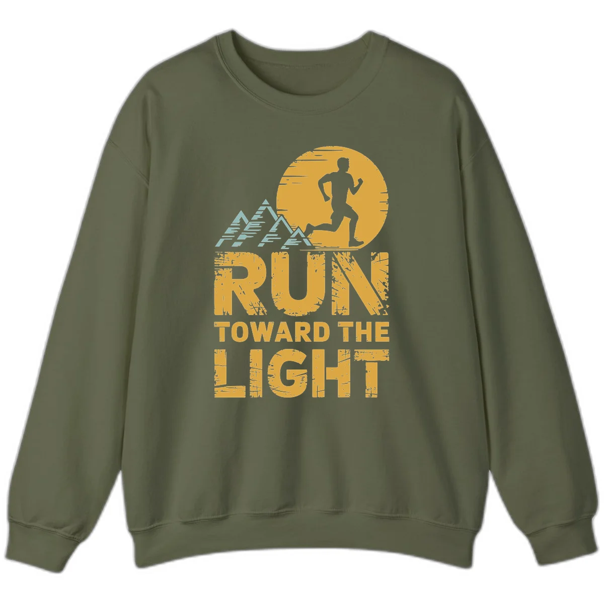 Vintage-style illustration of a runner silhouette against a glowing light with mountain peaks, text reads 'Run Toward The Light' in Military Green