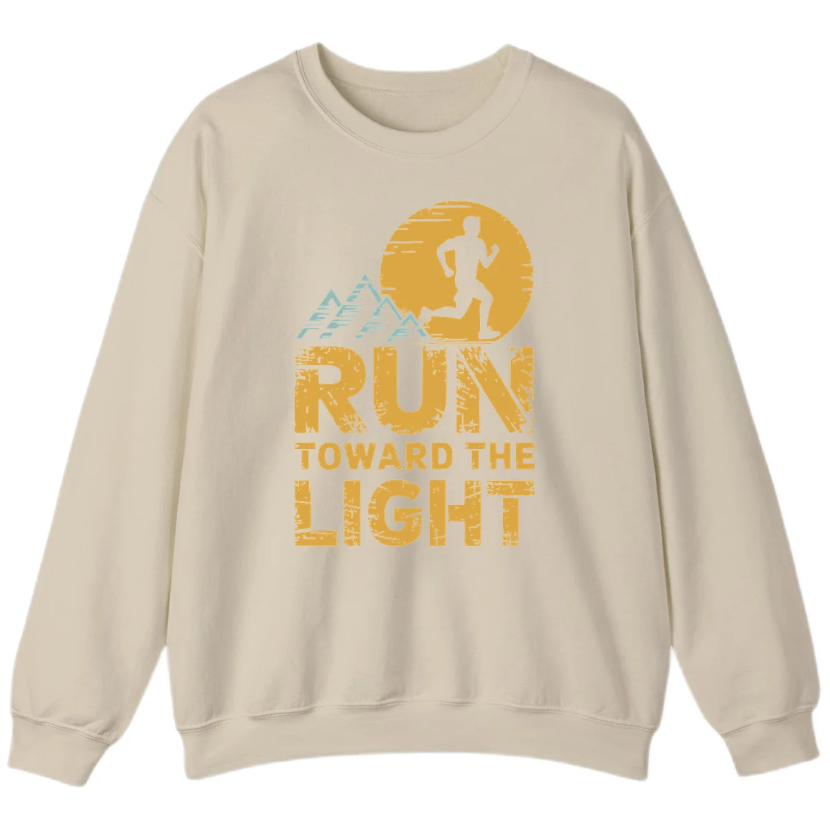 Vintage-style illustration of a runner silhouette against a glowing light with mountain peaks, text reads 'Run Toward The Light' in Sand