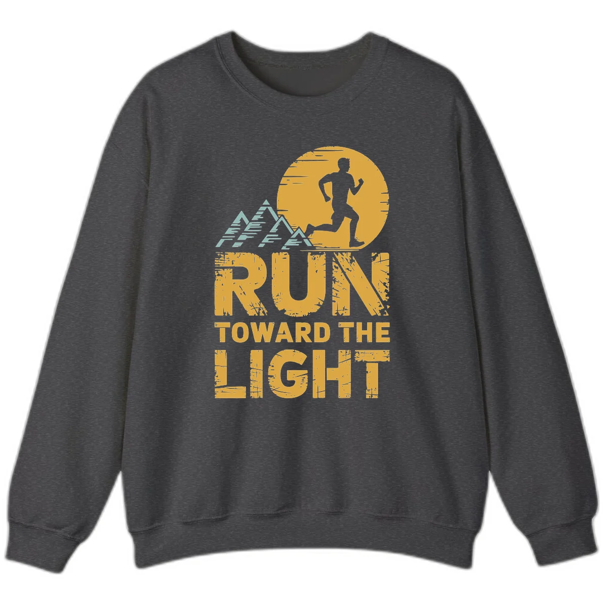 Vintage-style illustration of a runner silhouette against a glowing light with mountain peaks, text reads 'Run Toward The Light' in Dark Heather