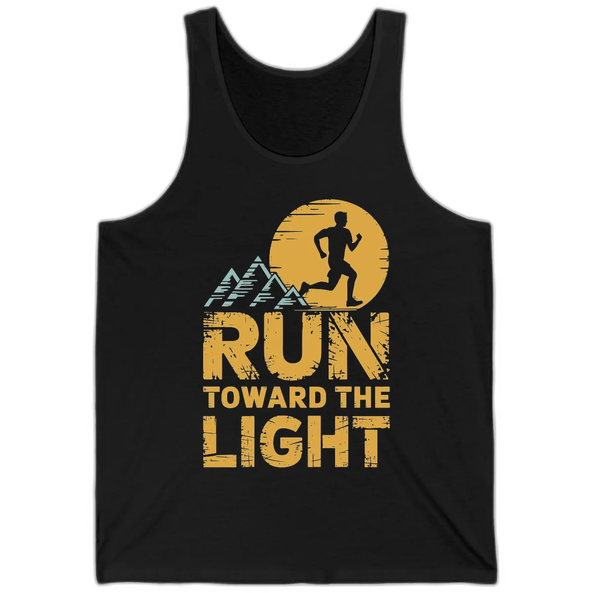 Vintage-style illustration of a runner silhouette against a glowing light with mountain peaks, text reads 'Run Toward The Light' in Black
