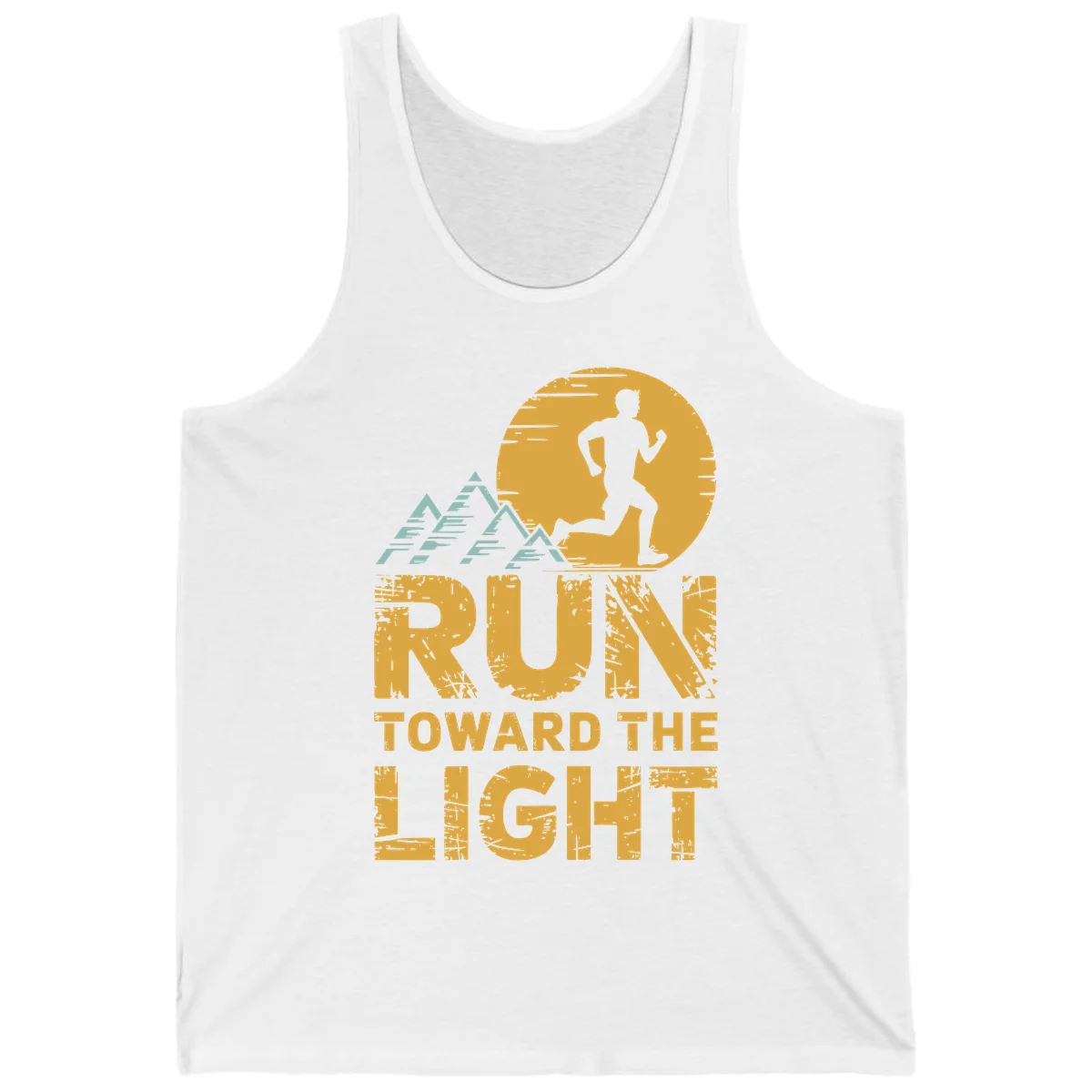Vintage-style illustration of a runner silhouette against a glowing light with mountain peaks, text reads 'Run Toward The Light' in White