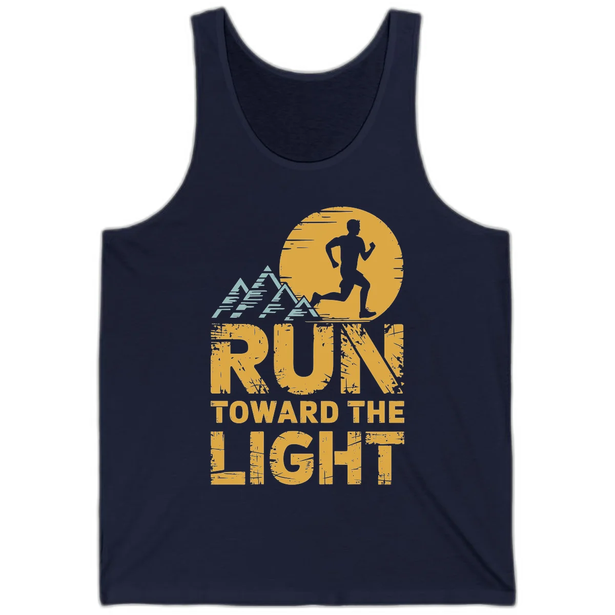 Vintage-style illustration of a runner silhouette against a glowing light with mountain peaks, text reads 'Run Toward The Light' in Navy