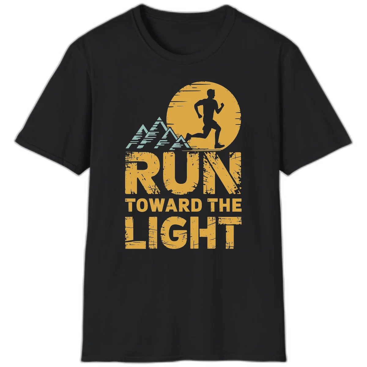Vintage-style illustration of a runner silhouette against a glowing light with mountain peaks, text reads 'Run Toward The Light' in Black