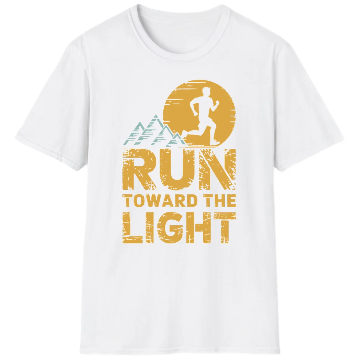 Vintage-style illustration of a runner silhouette against a glowing light with mountain peaks, text reads 'Run Toward The Light' in White