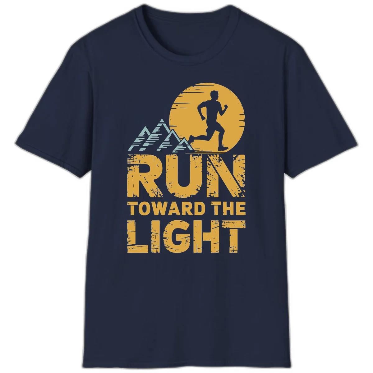 Vintage-style illustration of a runner silhouette against a glowing light with mountain peaks, text reads 'Run Toward The Light' in Navy