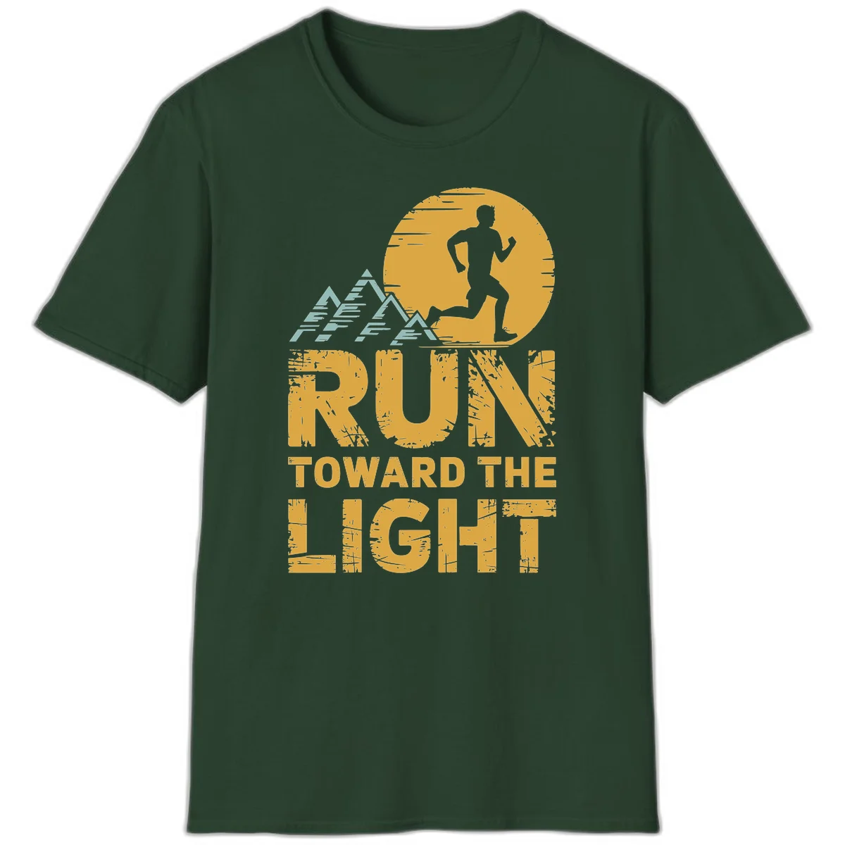 Vintage-style illustration of a runner silhouette against a glowing light with mountain peaks, text reads 'Run Toward The Light' in Forest Green