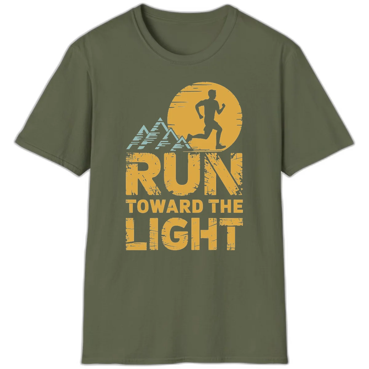 Vintage-style illustration of a runner silhouette against a glowing light with mountain peaks, text reads 'Run Toward The Light' in Military Green