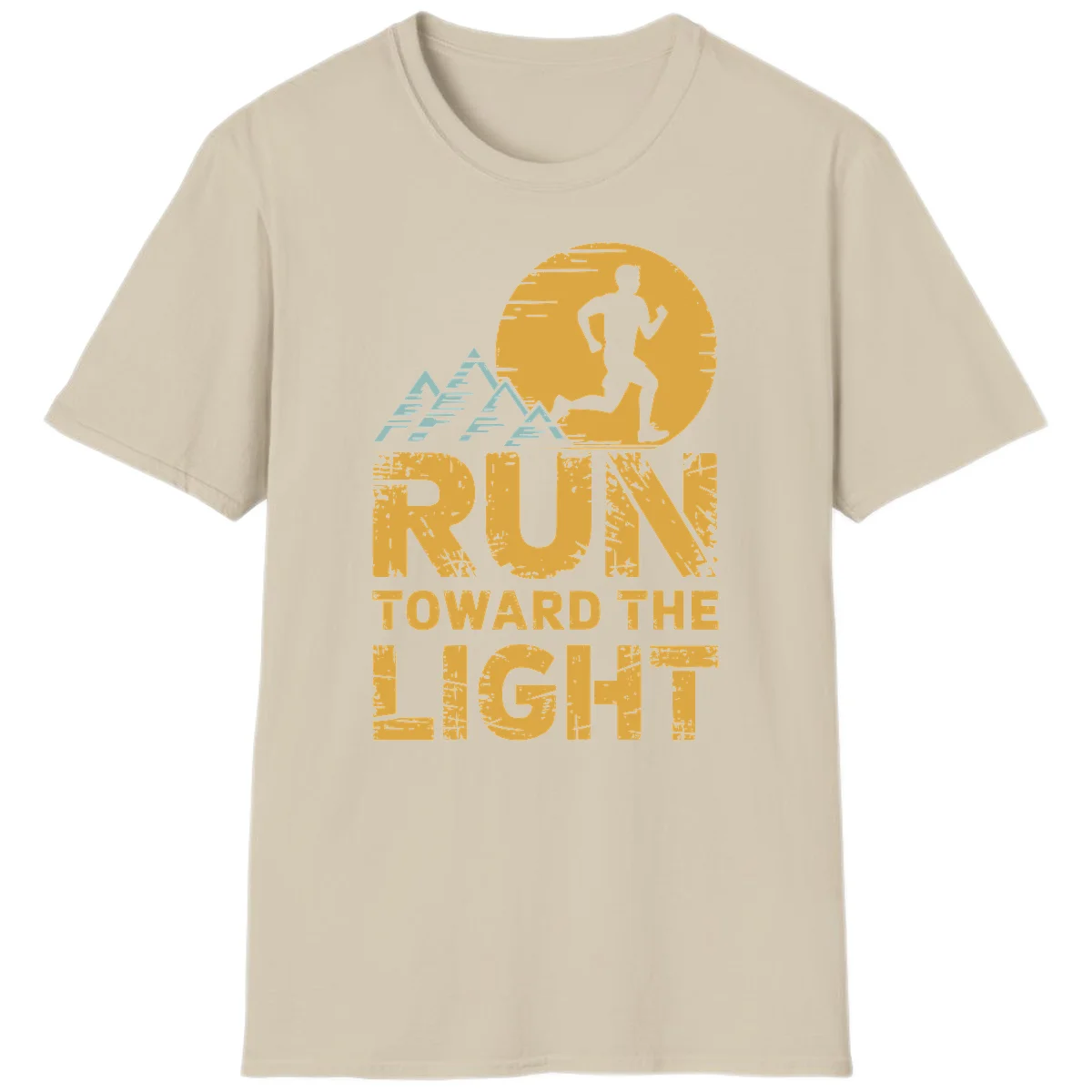 Vintage-style illustration of a runner silhouette against a glowing light with mountain peaks, text reads 'Run Toward The Light' in Sand