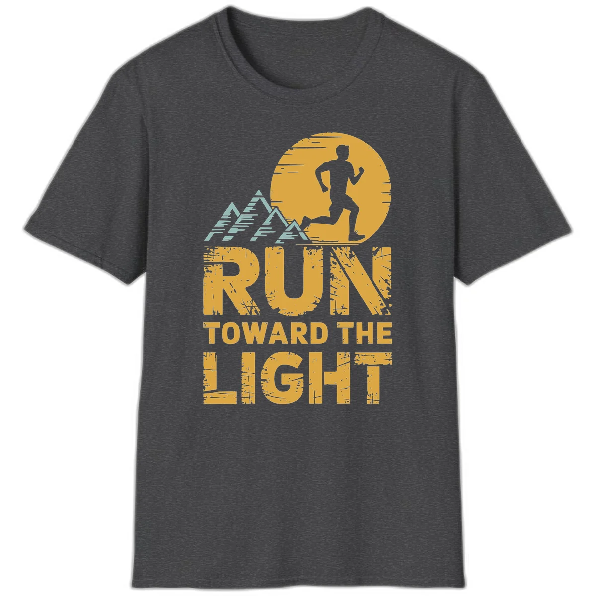 Vintage-style illustration of a runner silhouette against a glowing light with mountain peaks, text reads 'Run Toward The Light' in Dark Heather