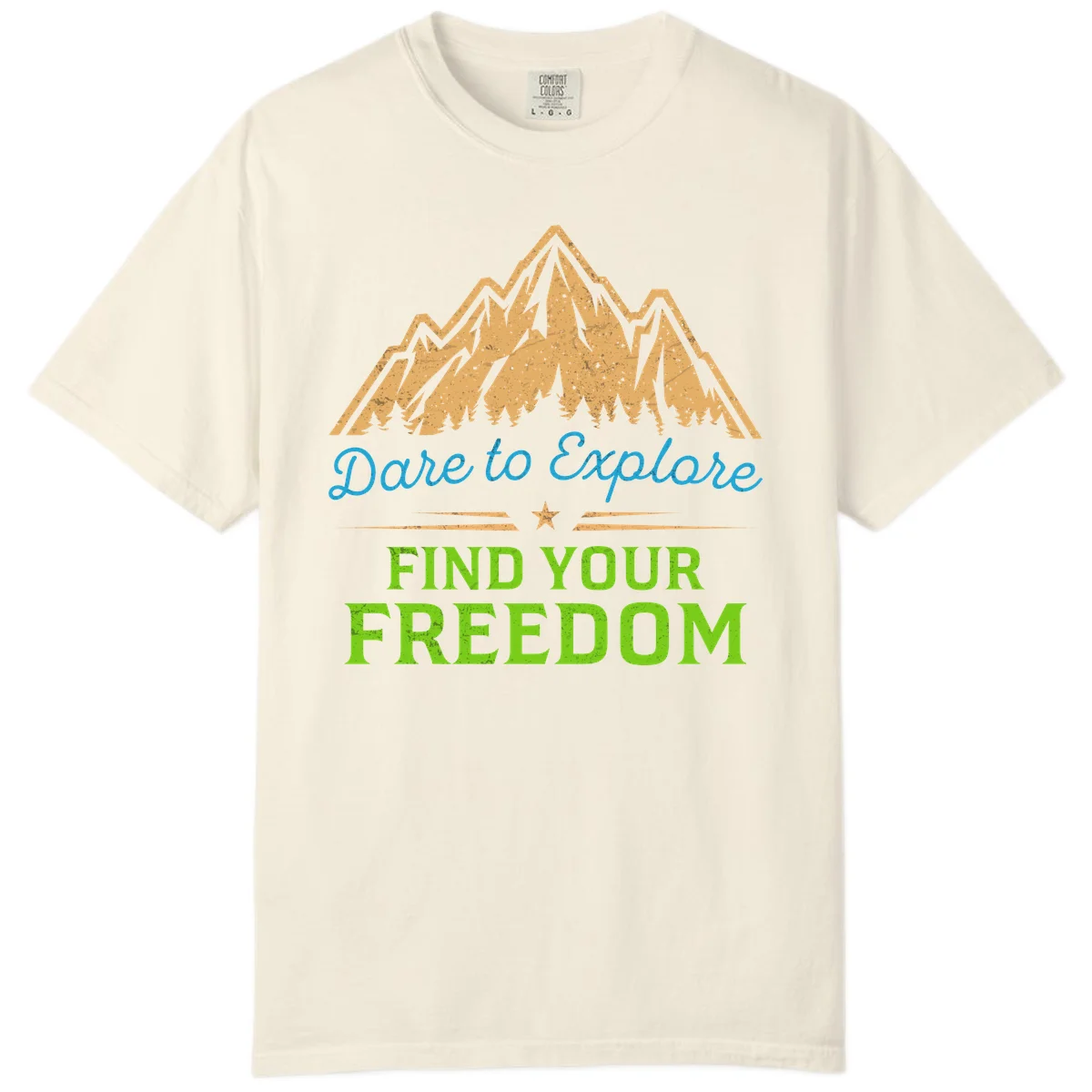 Mountain landscape with pine trees in gold, blue script 'Dare to Explore' and green text 'Find Your Freedom' with decorative star in Ivory