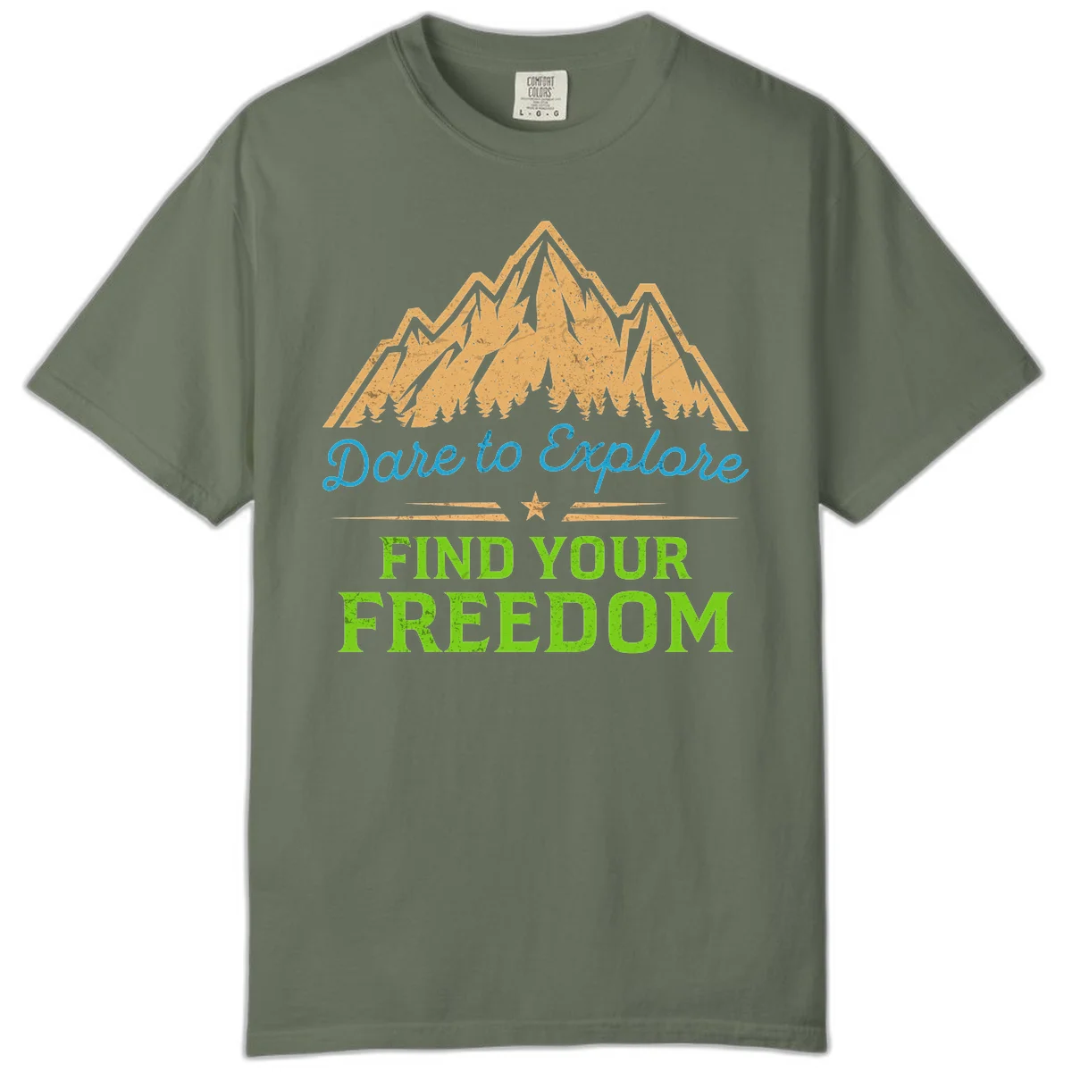 Mountain landscape with pine trees in gold, blue script 'Dare to Explore' and green text 'Find Your Freedom' with decorative star in Moss