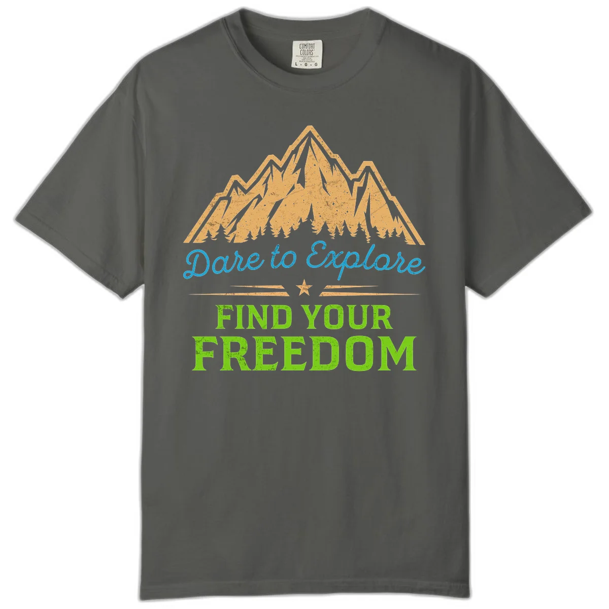 Mountain landscape with pine trees in gold, blue script 'Dare to Explore' and green text 'Find Your Freedom' with decorative star in Pepper